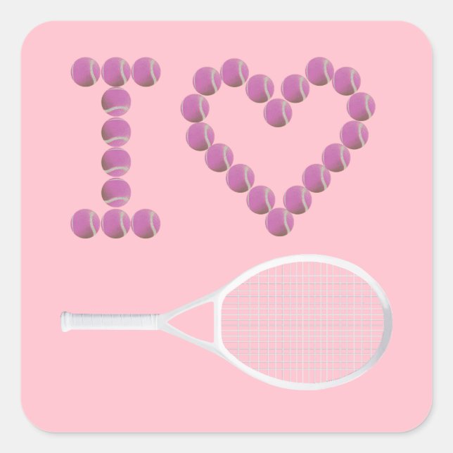 Modernes Pink I Liebe Tennis Quadratischer Aufkleber (Vorderseite)