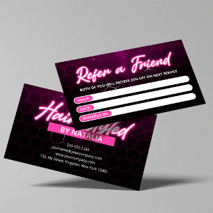 Modernes  Pink Neon Haarstudio Empfehle einen Freu Empfehlungskarte
