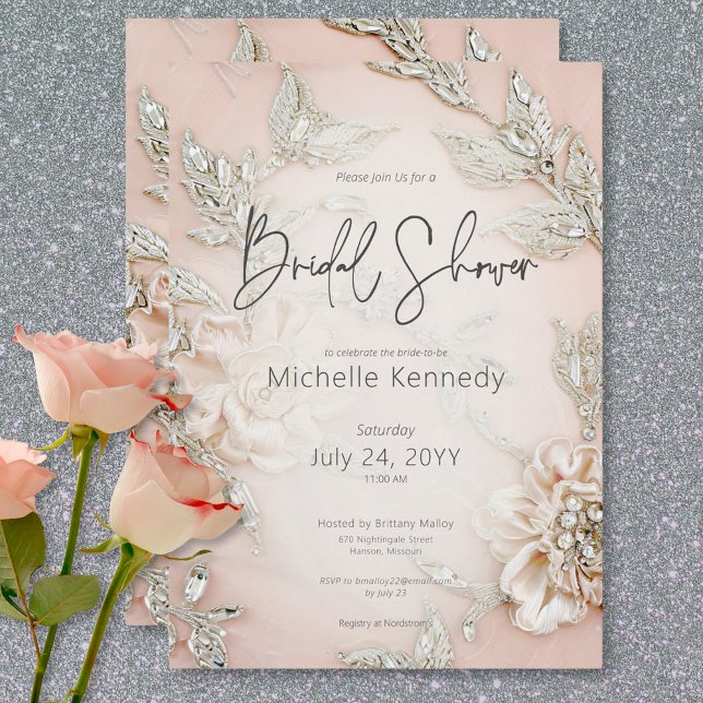 Modernes Pink Satin Stickerei & Glam Brautparty Einladung (Modern Pink Satin Embroidery & Glam Bridal Shower Invitation)