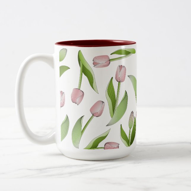 Modernes Pink Tulip Blume Muster Zweifarbige Tasse (Links)