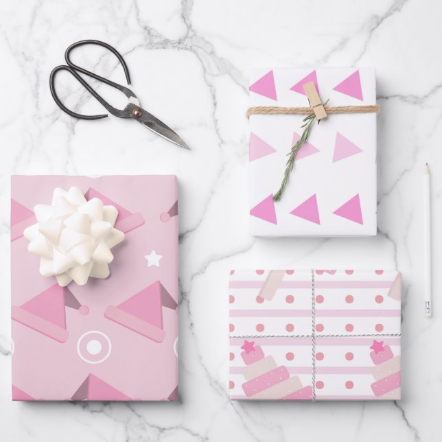 Modernes Pink Weihnachtsmuster Set 3 Geschenkpapier Set (Vorderseite)