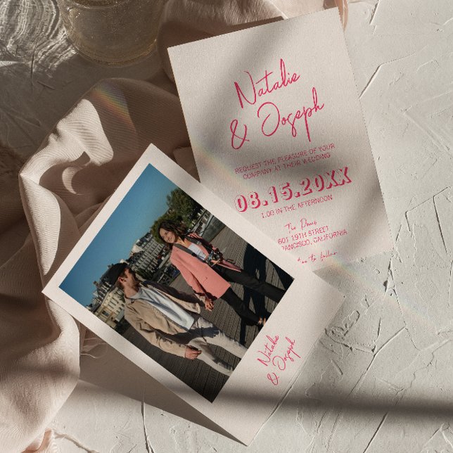 Modernes pinkfarbenes, weißes Retro-Foto Einladung (Von Creator hochgeladen)