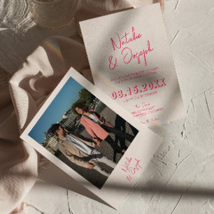 Modernes pinkfarbenes, weißes Retro-Foto Einladung