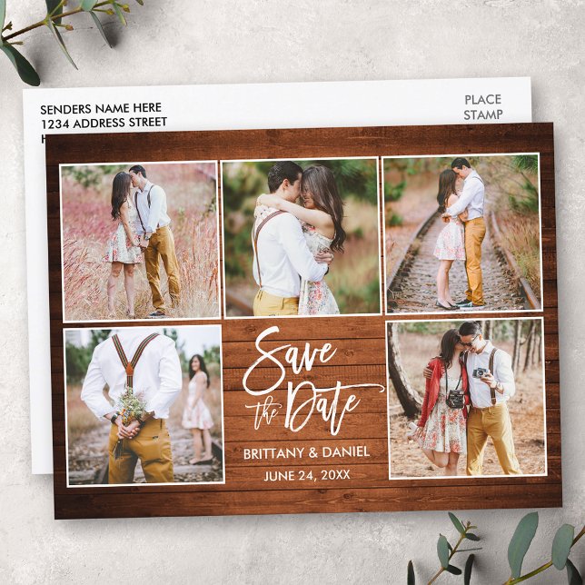 Modernes Pinsel Script Holz Save the Date 5 Foto Postkarte (Customize to change your personalized text size or text style.)