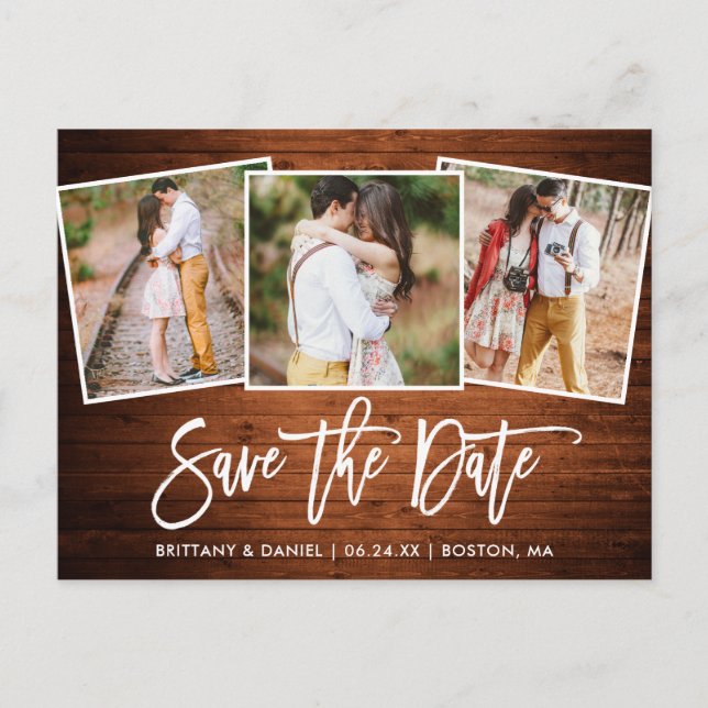 Modernes Pinsel Script Wood Save the Date 3 Foto Postkarte (Vorderseite)