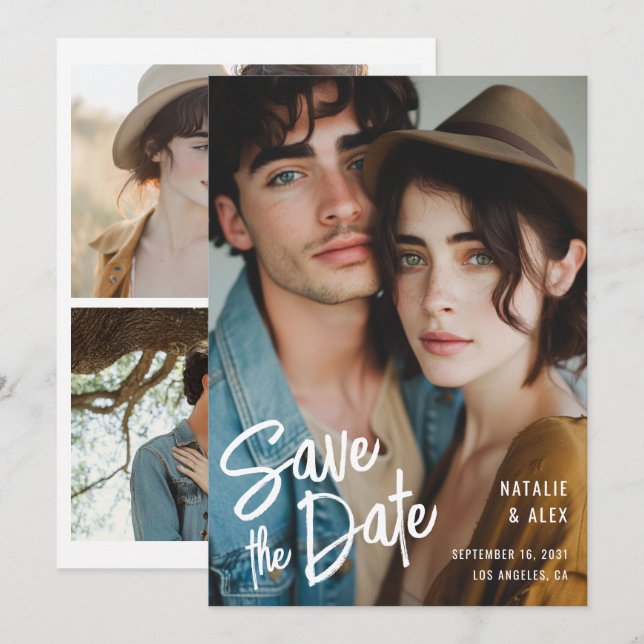 Modernes Pinselskript 3 Foto Hochzeit Sichern Sie  Einladung (Vorne/Hinten)