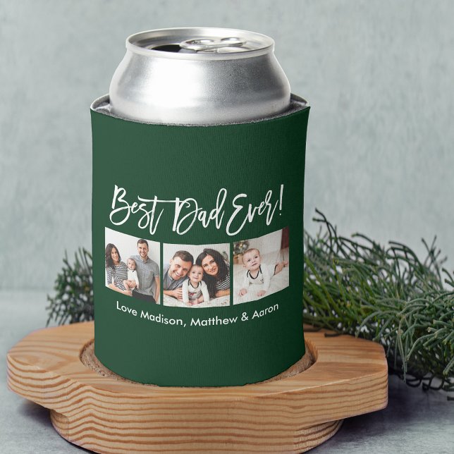 Modernes Pinselskript 3 Fotos Bester Vater je Grün Dosenkühler (Customize to change your personalized text size or text style.)