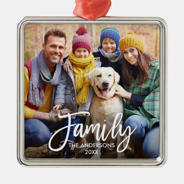 Modernes Pinselskript-Family-Foto Ornament Aus Metall (Vorne)
