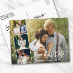 Modernes Pinselskript, Paar 4 Foto, Rettete unser<br><div class="desc">Modernes Pinselskript Rettete Unsere Date Verlobung Paar 4 Foto Postkarte - Weiße Schrift</div>