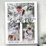 Modernes Pinselskript Save the Date 3 Foto Postkarte<br><div class="desc">Modern Brush Script Save the Date Verlobung Paar 3 Foto Postkarte</div>