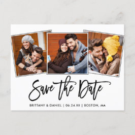 Modernes Pinselskript Save the Date 3 FotoCollage Postkarte