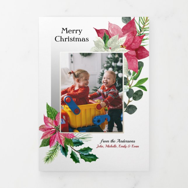 Modernes Poinsettia, Holly & Pine Foto Dreifach Gefaltete Karte (Cover)
