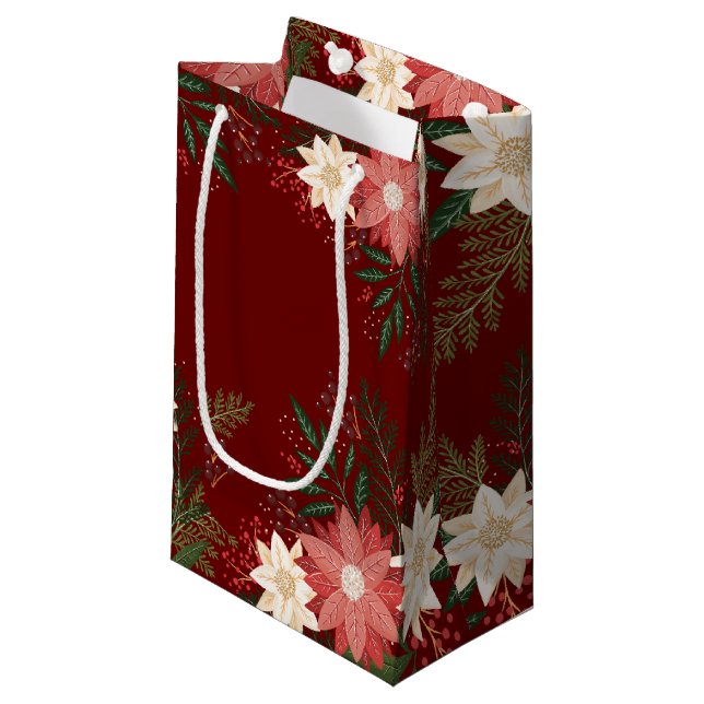 Modernes Poinsettia Weihnachtsmaroon bemalt Party Kleine Geschenktüte (Vorderseite Schrägansicht)