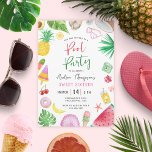 Modernes Pool Party Sommer Süß 16 Geburtstag Einladung<br><div class="desc">Ein modernes und schicke Schwimmbad Party Sommergeburtstag Einladung für 16 . Geburtstag mit lustigen und farbenfrohen Aquarellelementen wie tropische Blätter,  Kokosnuss,  Sonnenbrillen,  Ananas,  Popeln,  Muscheln,  Kamera,  Blume,  Avocado,  Wassermelone,  Donut,  Kirsche und Cocktail trinken. Es hat ein buntes und spielerisches sommerfarbenes Streifenmuster im Hintergrund.</div>