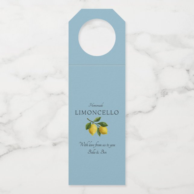 Modernes Powder Blue Lemon Event Wedding Limoncell Flaschenanhänger (Vorderseite)