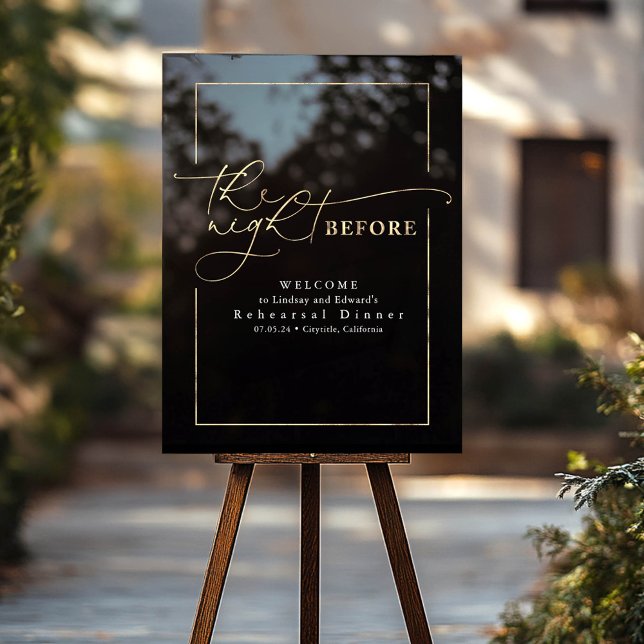 Modernes Probe Dinner Black and Gold Willkommen Acrylschild (Rehearsal Dinner Welcome Sign in Gold and Black)