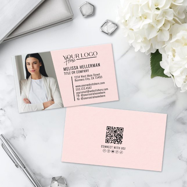 Modernes professionelles rosa QR-Code-Foto-Logo Visitenkarte (Modern Professional Pink QR Code Photo Logo Business Card )