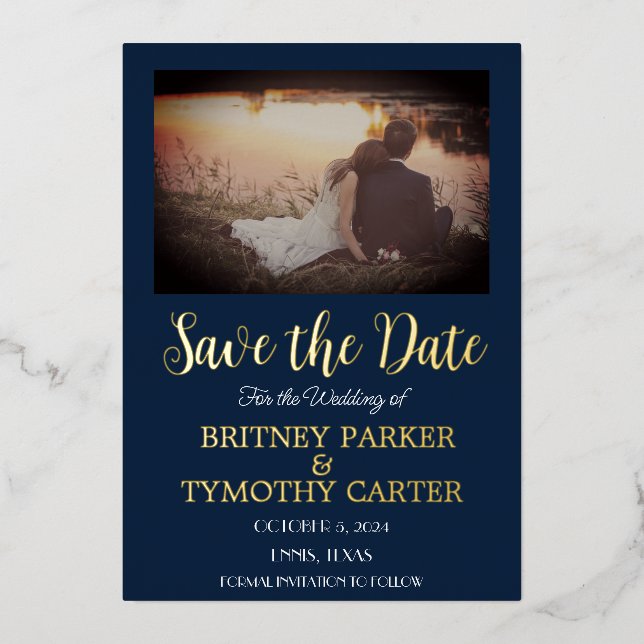 Modernes QR Code Foto Calligraphy Navy Blue Weddin Folieneinladung (Vorderseite)