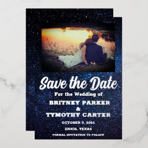 Modernes QR Code Foto Celestial Galaxy Hochzeit Folieneinladung