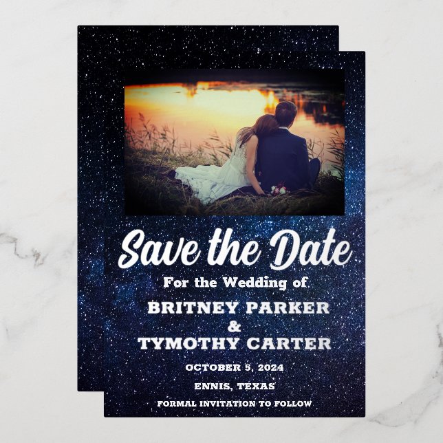 Modernes QR Code Foto Celestial Galaxy Hochzeit Folieneinladung (Vorderseite/Rückseite)