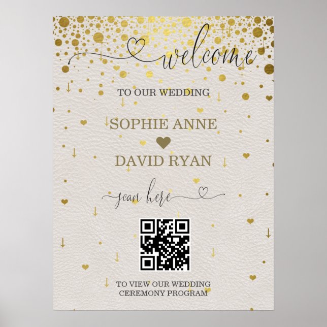 Modernes QR Code Gold Confetti Wedding Begrüßungsz Poster (Vorne)