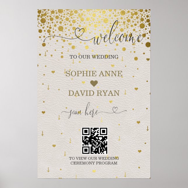 Modernes QR Code Gold Confetti Wedding Begrüßungsz Poster (Vorne)