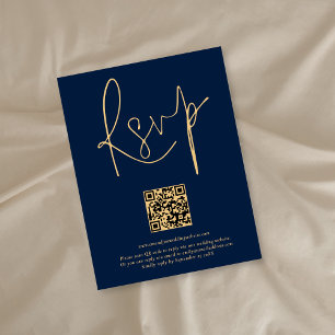 Modernes QR Code Gold Navy Blue Script Hochzeit RSVP Karte