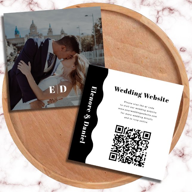 Modernes QR-Code Schwarz-weiß-Side-Wave-Foto Hochz Begleitkarte (Modern QR Code Black White Side Wave Photo Wedding Enclosure Card)