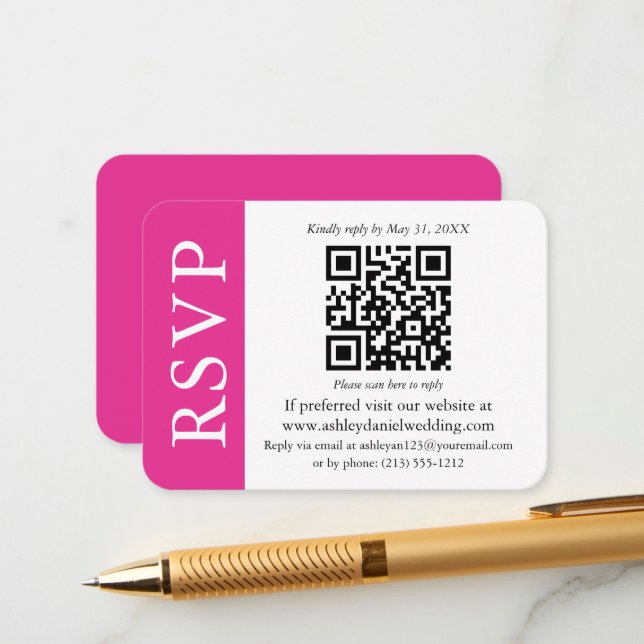 Modernes QR Hochzeit RSVP Hot Rosa und Weiß Begleitkarte (Vorderseite/Rückseite Beispiel)