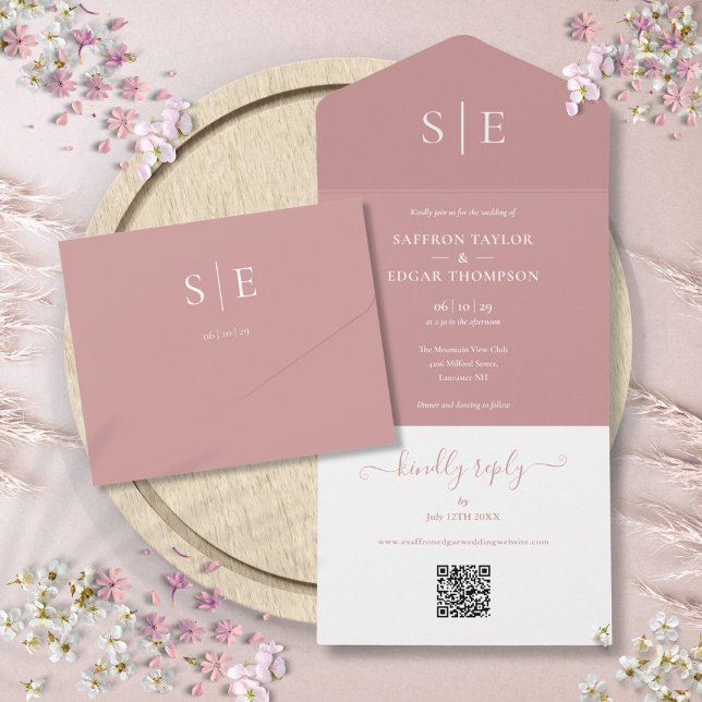 Modernes QR-Monogramm-Dusty-Rose All In One Einladung (Modern QR Code Monogram Dusty Rose Wedding All In One Invitation)