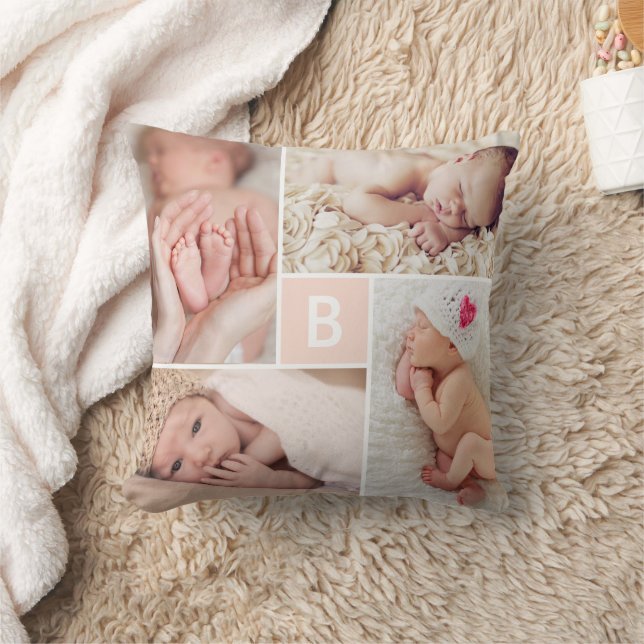 Modernes quadratisches Gitter rosa Monogramm 4 Fot Kissen (Decke)