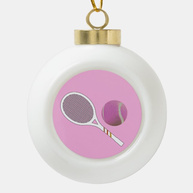 Modernes Racket mit rosa Tennisball Keramik Kugel-Ornament (Vorderseite)
