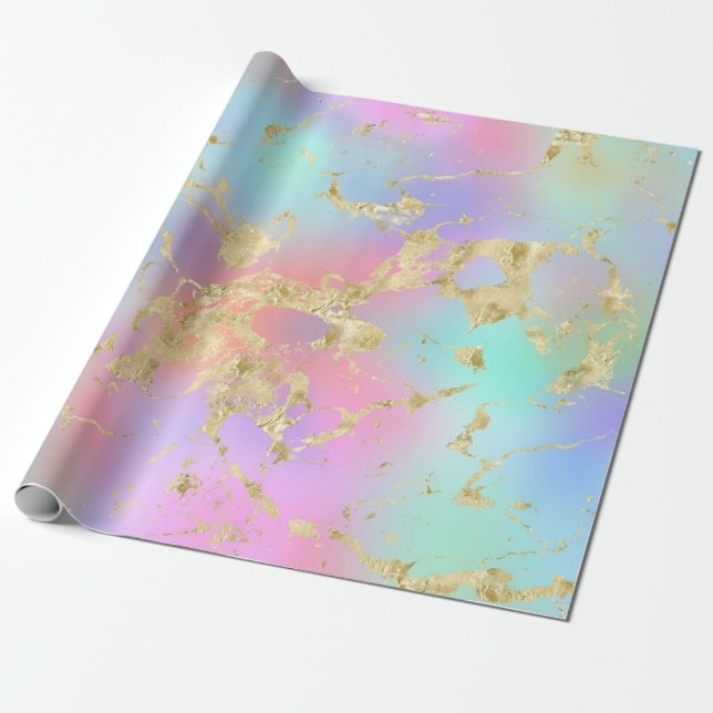Modernes Rainbow-Gradient- und Gold-Marmormuster Geschenkpapier (Ungerollt)
