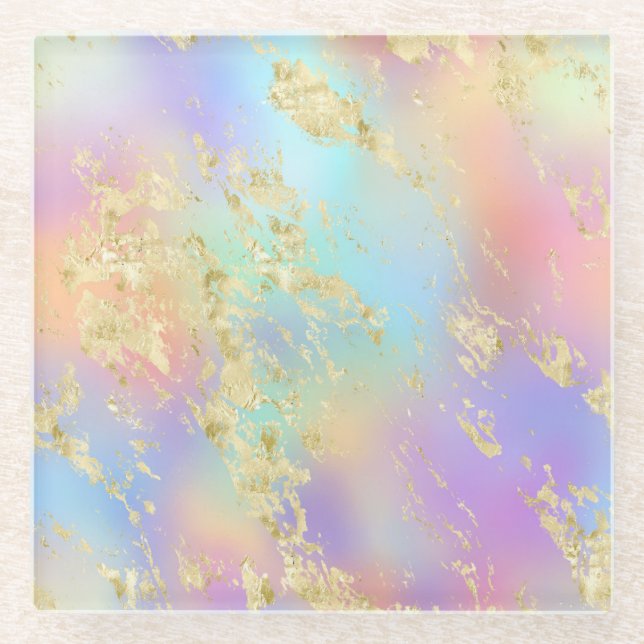 Modernes Rainbow-Gradient- und Gold-Marmormuster Glasuntersetzer (Vorderseite)