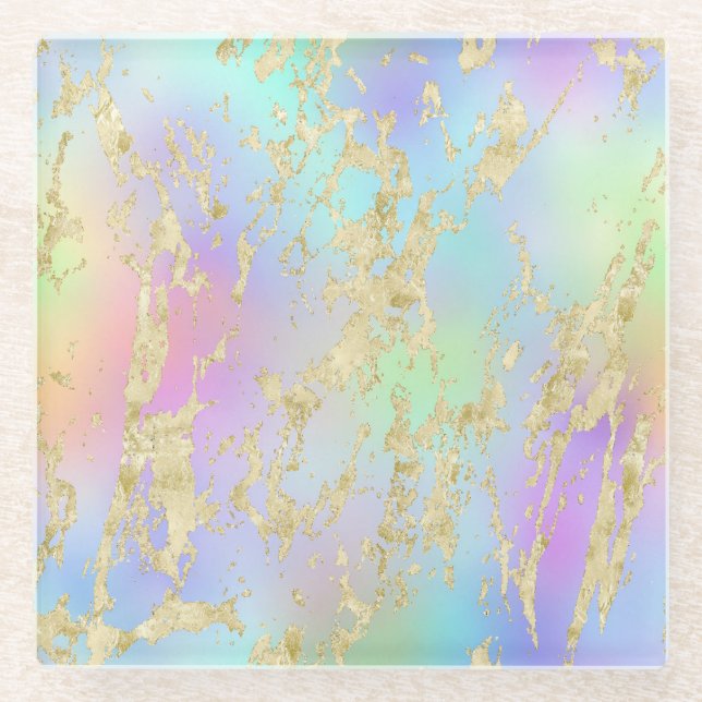 Modernes Rainbow-Gradient- und Gold-Marmormuster Glasuntersetzer (Vorderseite)