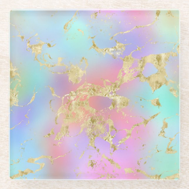 Modernes Rainbow-Gradient- und Gold-Marmormuster Glasuntersetzer (Vorderseite)