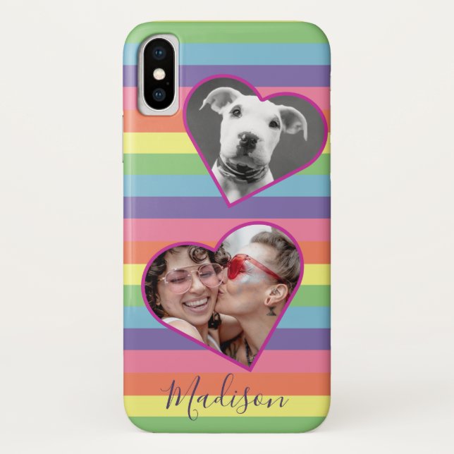 Modernes Rainbow-Herz-Foto-Script-Name Monogram C Case-Mate iPhone Hülle (Rückseite)