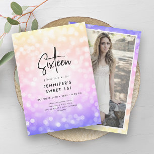 Modernes Rainbow Ombre Lights Foto Sweet 16 Einladung