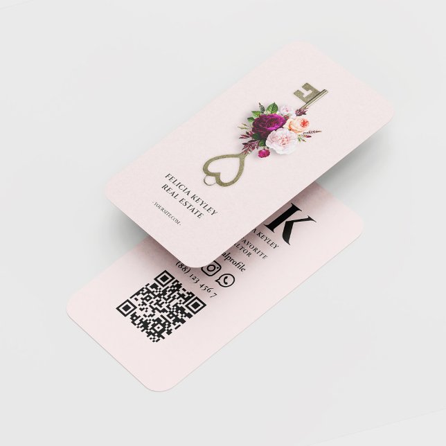 Modernes Realtor Floral Monogram Real Anwesen Agen Visitenkarte (Realtor Floral Gold Key Real Estate Agent Broker Mortgage Professional Monogram Pink business card)