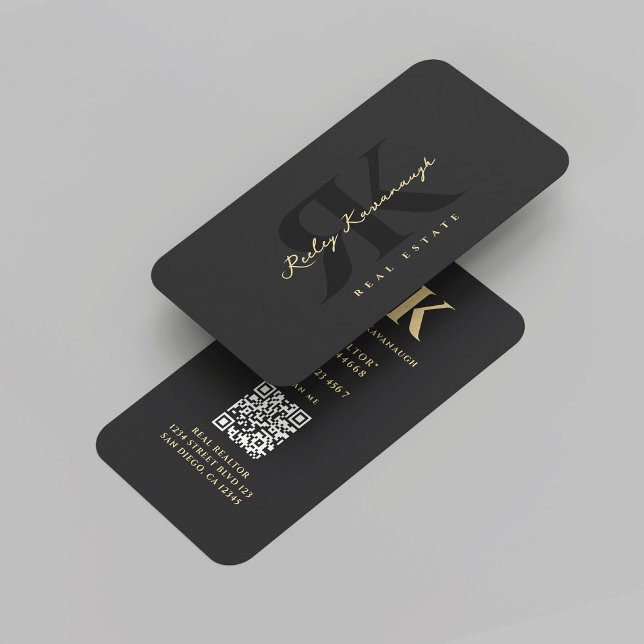 Modernes Realtor Monogram R K Real Anwesen Black Visitenkarte (Modern Realtor Monogram R K Real Estate Agent Marketing Professional QR Black Gold Business Card
)