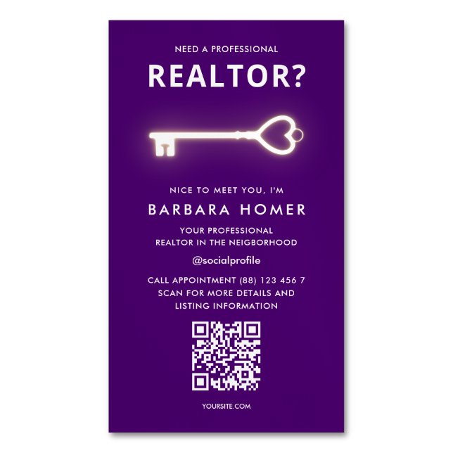 Modernes Realtor Real Anwesen Agent Royal Lila Magnetische Visitenkarte (Vorderseite Vertikal)