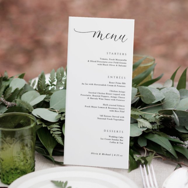 Modernes, rechtsbündiges Hochzeitsfest Menükarte (Elegant modern wedding menu with a trendy script. Classy and simple wedding menus.)