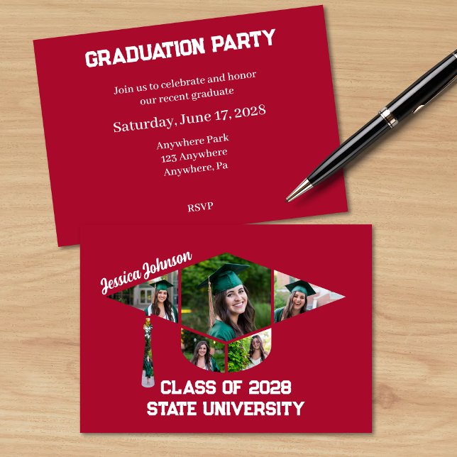 Modernes Red Abschluss Shape Foto Collage Party Einladung (Matching Modern Red Graduation Party Invite with 6 Photos)