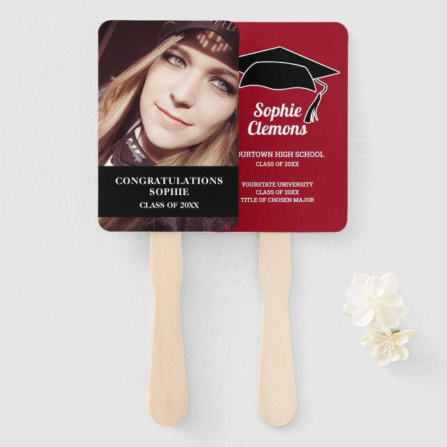 Modernes Red Black Graduation Cap Foto Class Fächer (Vorne und Hinten)