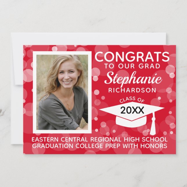 Modernes Red Bokeh Bubbles Foto Abschluss Einladung (Vorderseite)