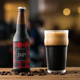 Modernes Red Buffalo Kariert Persönliche Initial Bierflaschenetikett