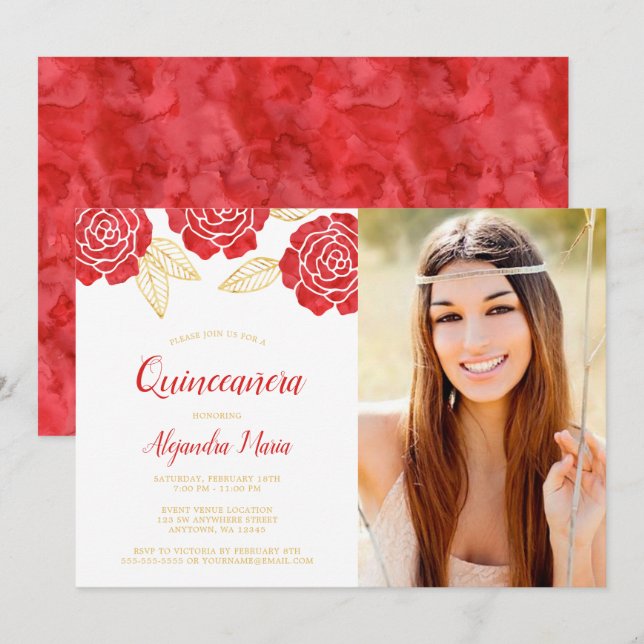 Modernes Red Gold Rosen Quinceanera Foto Einladung (Vorne/Hinten)