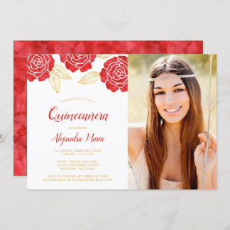 Modernes Red Gold Rosen Quinceanera Foto Einladung