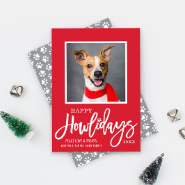 Modernes Red Gray Happy Howlidays Puppy Dog Foto Feiertagskarte