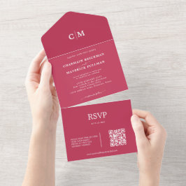 Modernes Red Magenta Monogram QR Code UAWG Wedding All In One Einladung